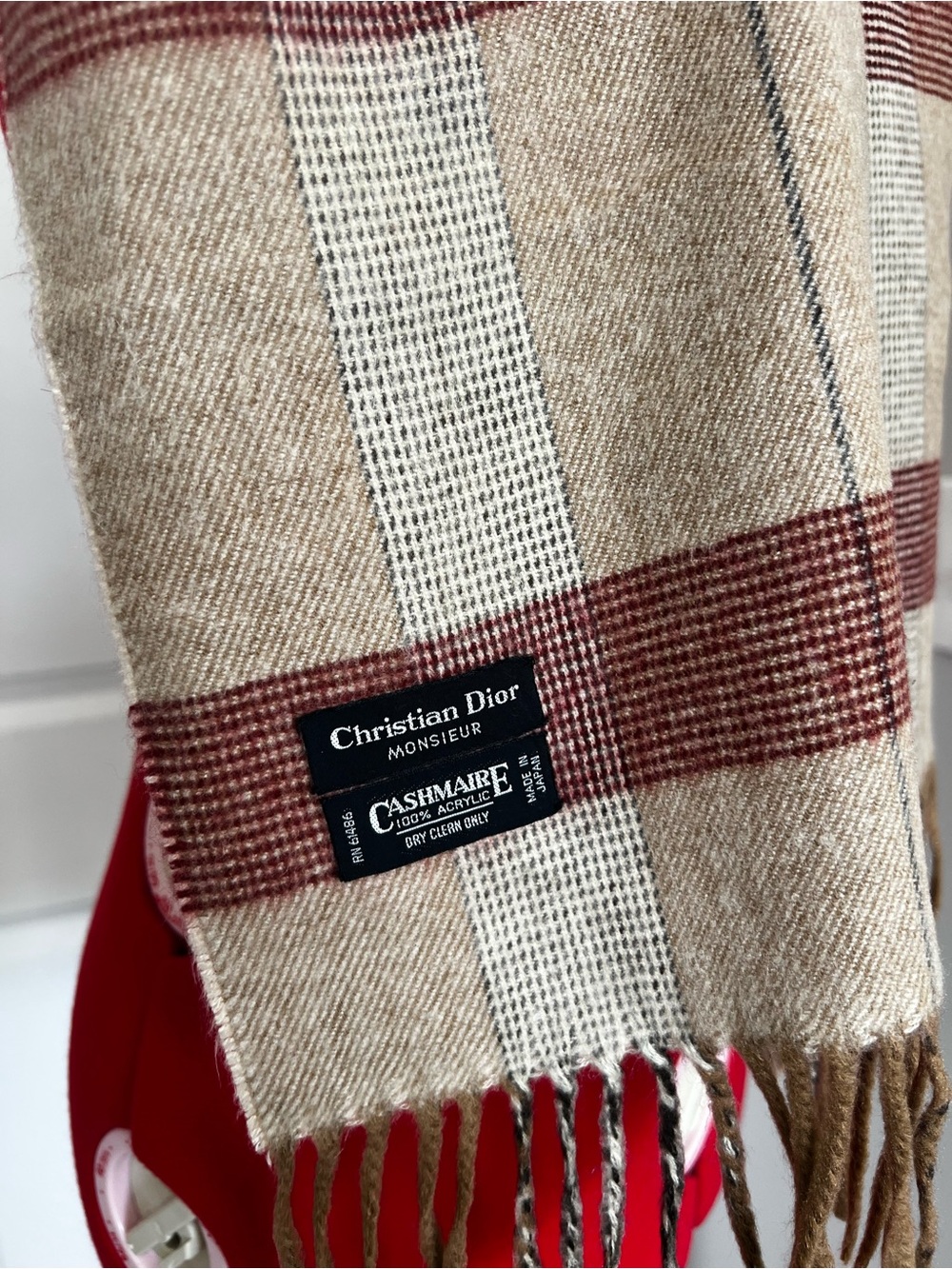 Dior Men’s Beige Cream Plaid Scarf with Red Accents